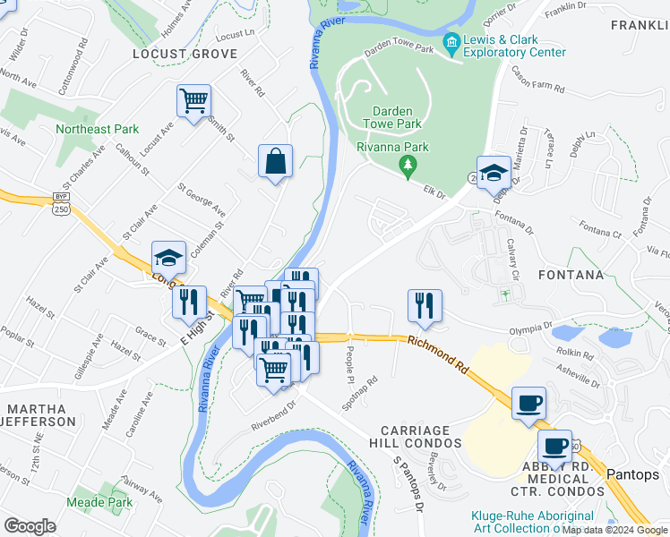 map of restaurants, bars, coffee shops, grocery stores, and more near 83-189 Free Bridge Ln in Charlottesville