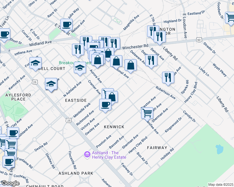 map of restaurants, bars, coffee shops, grocery stores, and more near 312 Richmond Avenue in Lexington