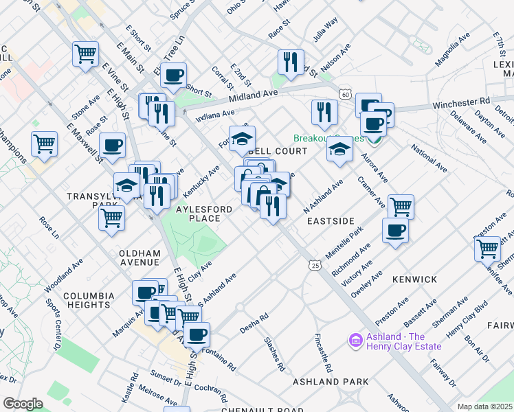 map of restaurants, bars, coffee shops, grocery stores, and more near 652 E Main St in Lexington