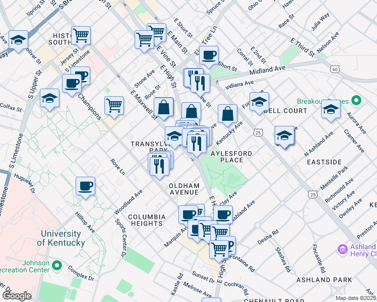 map of restaurants, bars, coffee shops, grocery stores, and more near in Lexington
