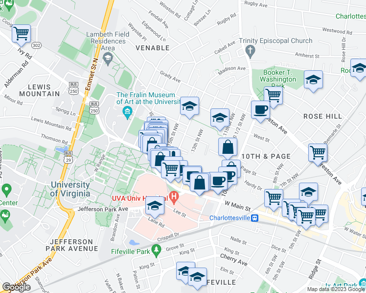 map of restaurants, bars, coffee shops, grocery stores, and more near 304 14th Street Northwest in Charlottesville
