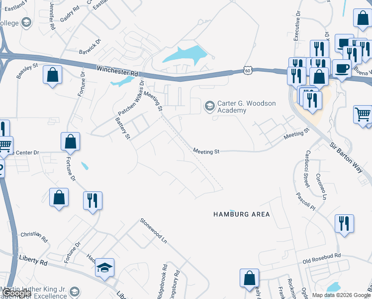 map of restaurants, bars, coffee shops, grocery stores, and more near 2025 Covington Drive in Lexington