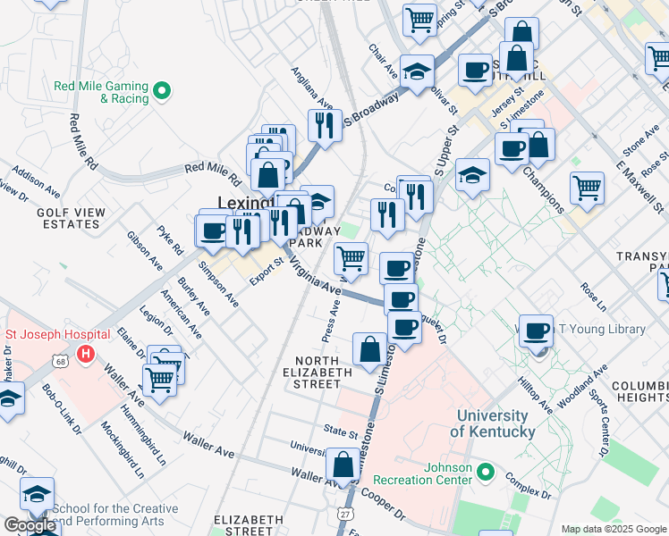 map of restaurants, bars, coffee shops, grocery stores, and more near 695 Winnie Street in Lexington