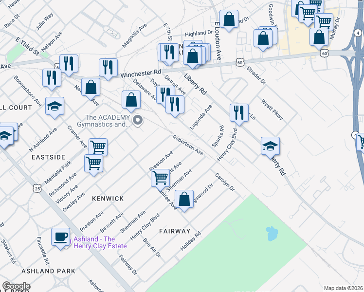 map of restaurants, bars, coffee shops, grocery stores, and more near 1050 Delaware Avenue in Lexington