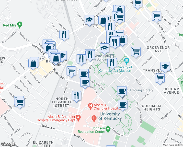map of restaurants, bars, coffee shops, grocery stores, and more near 620 South Limestone in Lexington