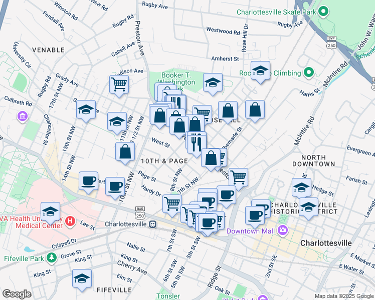 map of restaurants, bars, coffee shops, grocery stores, and more near 800 Preston Avenue in Charlottesville