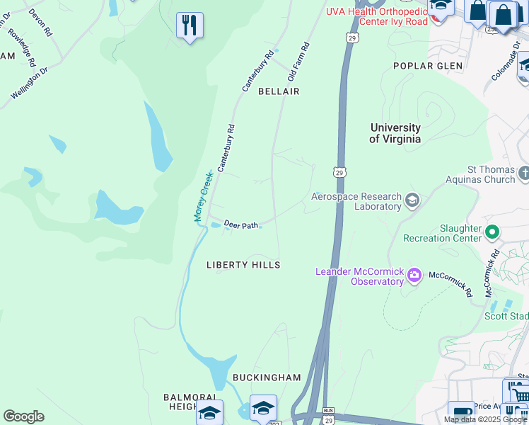 map of restaurants, bars, coffee shops, grocery stores, and more near 42 Old Farm Road in Charlottesville