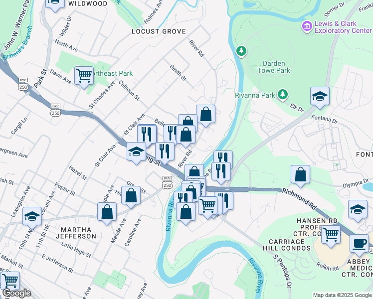 map of restaurants, bars, coffee shops, grocery stores, and more near 1304 Belleview Avenue in Charlottesville