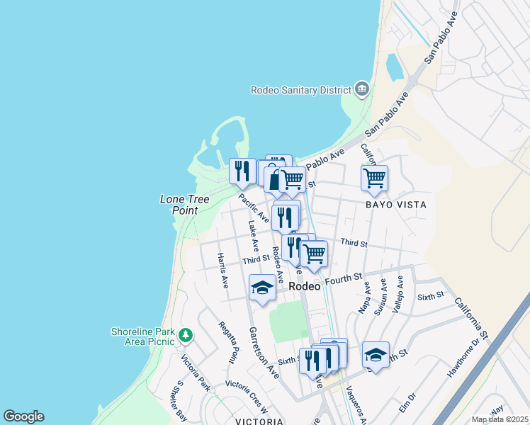 map of restaurants, bars, coffee shops, grocery stores, and more near 440 First Street in Rodeo