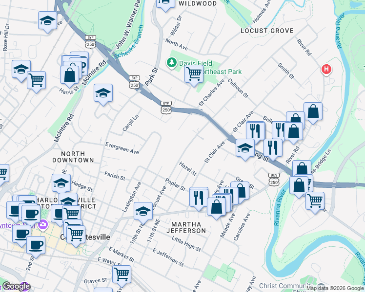 map of restaurants, bars, coffee shops, grocery stores, and more near 851 Locust Ave in Charlottesville