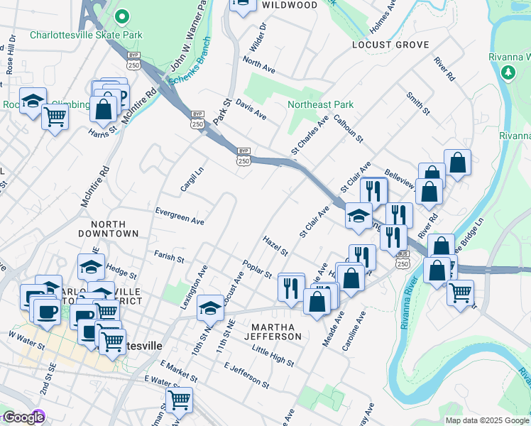 map of restaurants, bars, coffee shops, grocery stores, and more near 851 Locust Ave in Charlottesville