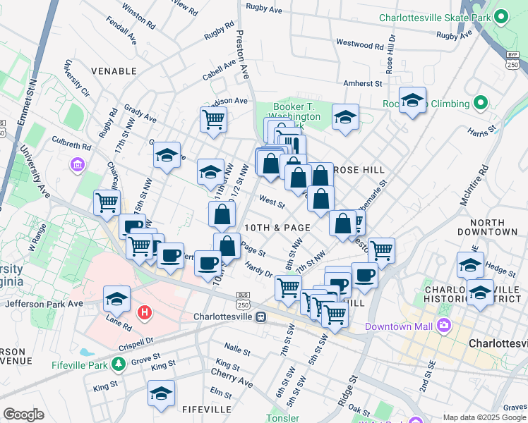 map of restaurants, bars, coffee shops, grocery stores, and more near 925 West Street in Charlottesville