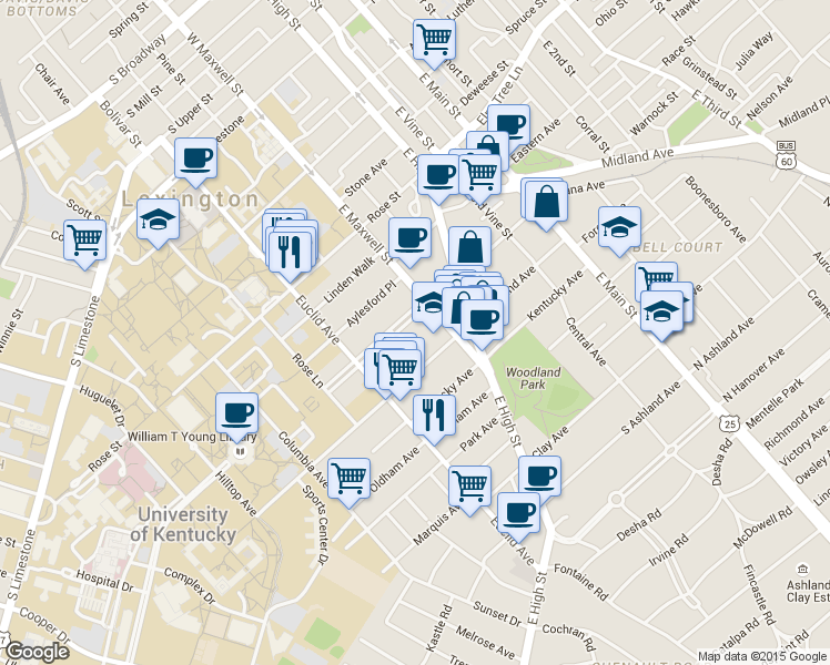 map of restaurants, bars, coffee shops, grocery stores, and more near 314 Transylvania Park in Lexington