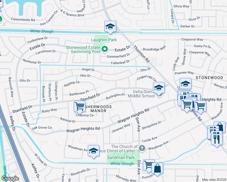 map of restaurants, bars, coffee shops, grocery stores, and more near 2618 Stanfield Drive in Stockton