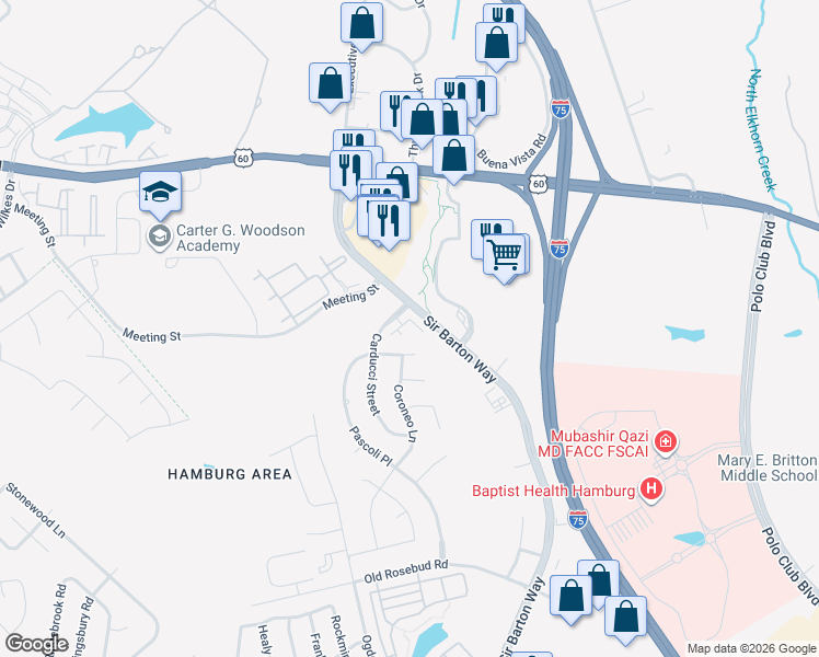 map of restaurants, bars, coffee shops, grocery stores, and more near 2594 Carducci Street in Lexington