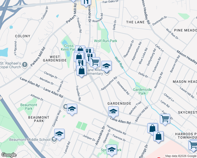 map of restaurants, bars, coffee shops, grocery stores, and more near 1060 Maywick Drive in Lexington