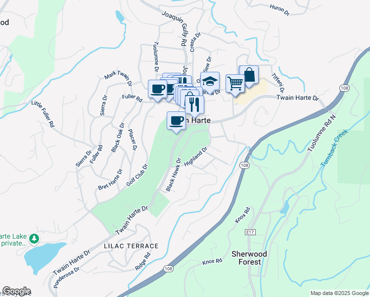 map of restaurants, bars, coffee shops, grocery stores, and more near 22855 Black Hawk Drive in Twain Harte