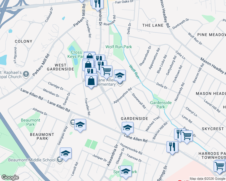 map of restaurants, bars, coffee shops, grocery stores, and more near 1060 Maywick Drive in Lexington