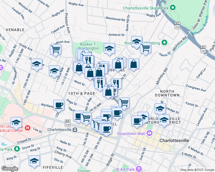 map of restaurants, bars, coffee shops, grocery stores, and more near 619 Forest Street in Charlottesville