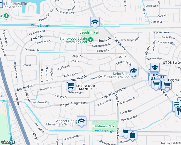 map of restaurants, bars, coffee shops, grocery stores, and more near 2640 Otto Drive in Stockton