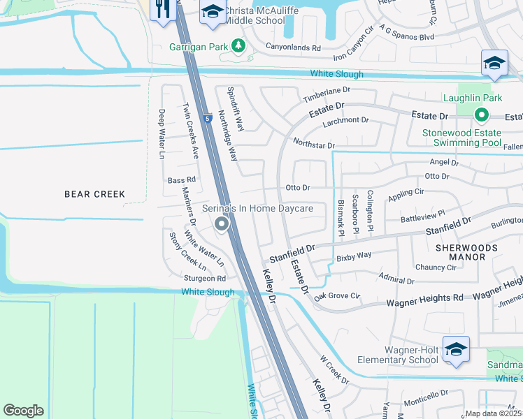 map of restaurants, bars, coffee shops, grocery stores, and more near 9568 Bancroft Way in Stockton