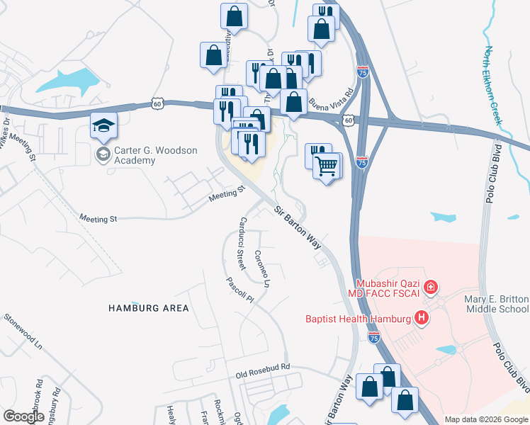 map of restaurants, bars, coffee shops, grocery stores, and more near 2594 Carducci Street in Lexington