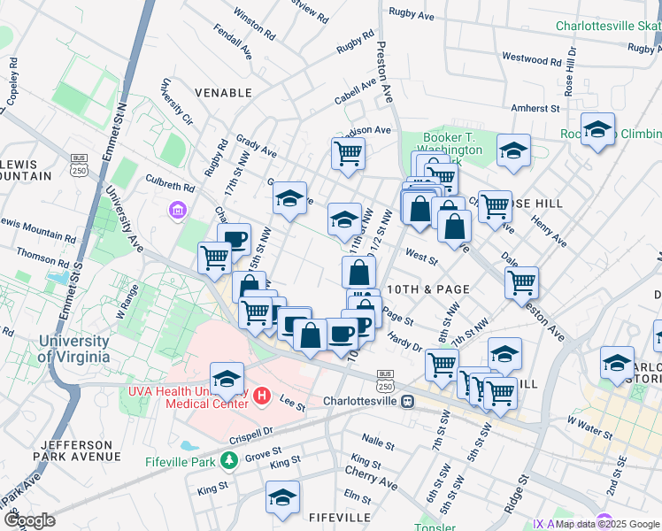 map of restaurants, bars, coffee shops, grocery stores, and more near 1201 John Street in Charlottesville