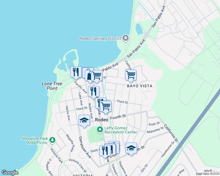 map of restaurants, bars, coffee shops, grocery stores, and more near 753 Mariposa Street in Rodeo