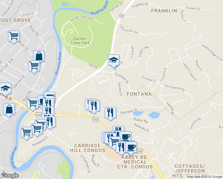 map of restaurants, bars, coffee shops, grocery stores, and more near 1904 Calvary Circle in Charlottesville