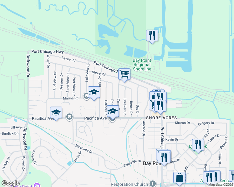 map of restaurants, bars, coffee shops, grocery stores, and more near 35 Canal Drive in Bay Point