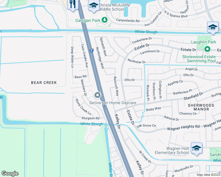 map of restaurants, bars, coffee shops, grocery stores, and more near 9570 Kelley Drive in Stockton