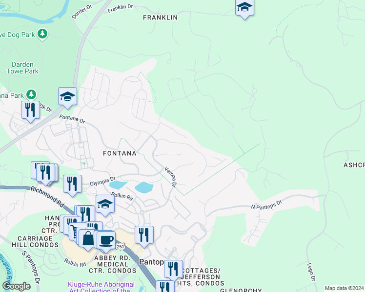 map of restaurants, bars, coffee shops, grocery stores, and more near 1944 Via Florence Road in Charlottesville