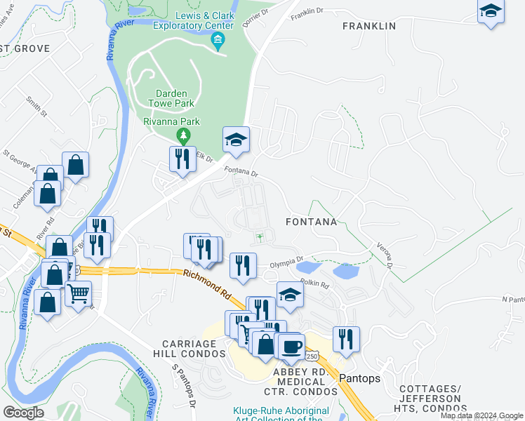 map of restaurants, bars, coffee shops, grocery stores, and more near 315 Portico Way in Charlottesville