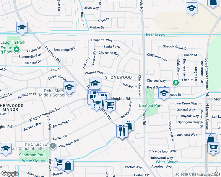 map of restaurants, bars, coffee shops, grocery stores, and more near 1904 Colt Drive in Stockton