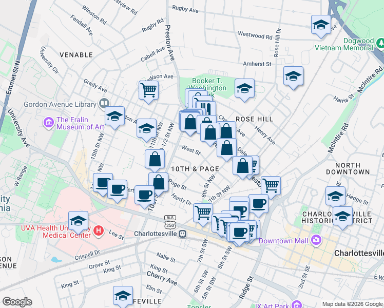 map of restaurants, bars, coffee shops, grocery stores, and more near 912 Preston Avenue in Charlottesville