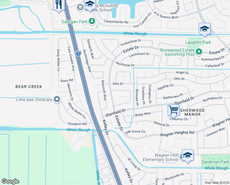 map of restaurants, bars, coffee shops, grocery stores, and more near 3920 Chatsworth Circle in Stockton