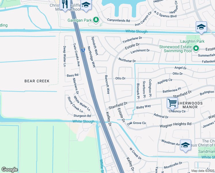 map of restaurants, bars, coffee shops, grocery stores, and more near 9568 Bancroft Way in Stockton