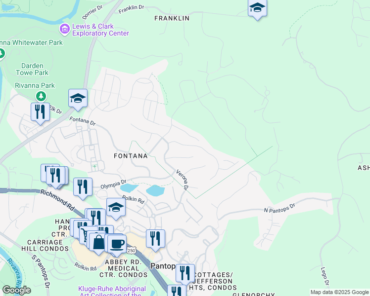 map of restaurants, bars, coffee shops, grocery stores, and more near 1921-1947 Via Florence Road in Charlottesville