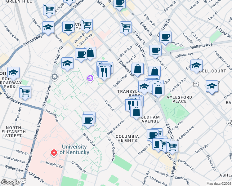 map of restaurants, bars, coffee shops, grocery stores, and more near 365 Aylesford Place in Lexington