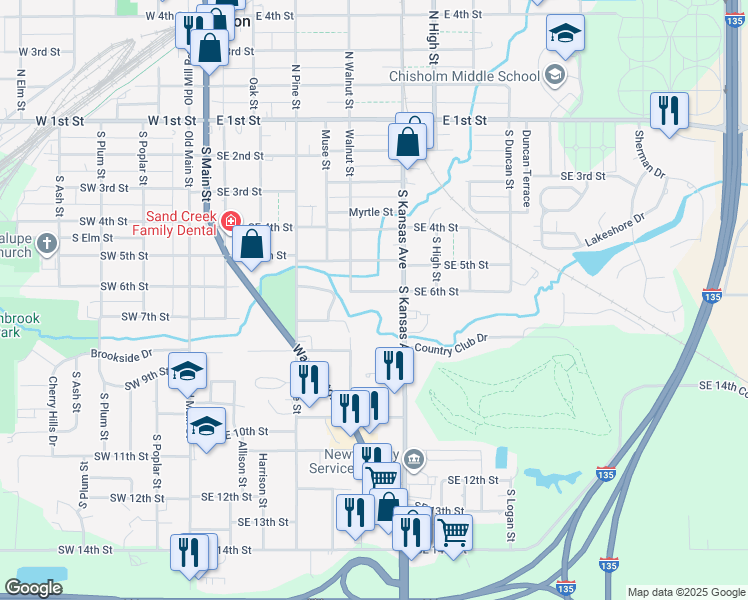 map of restaurants, bars, coffee shops, grocery stores, and more near 617 Southeast 6th Street in Newton