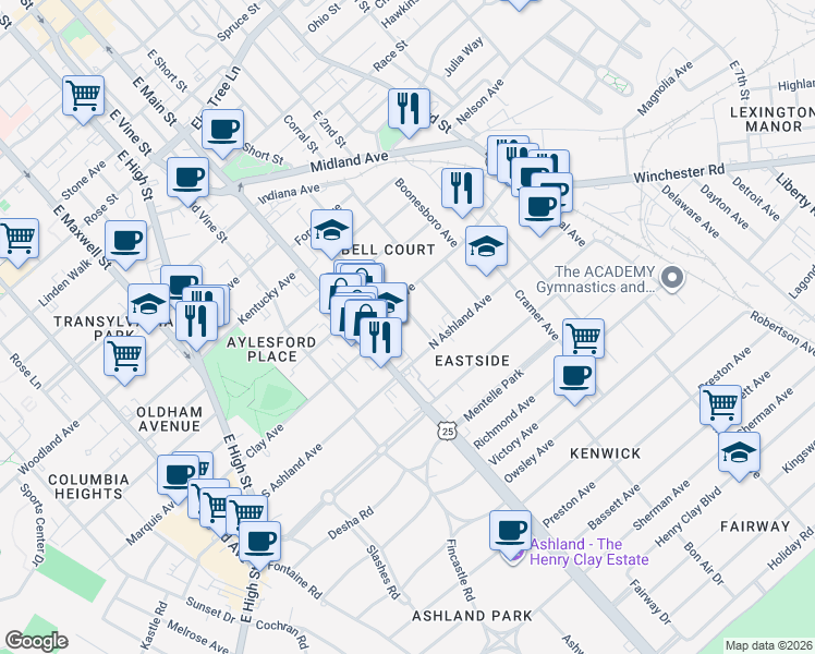 map of restaurants, bars, coffee shops, grocery stores, and more near 704 Bullock Place in Lexington
