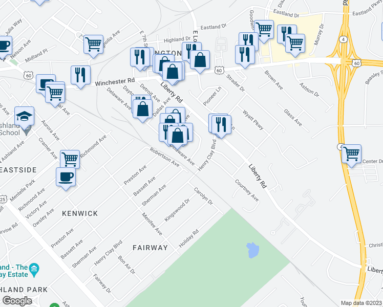map of restaurants, bars, coffee shops, grocery stores, and more near 1134 Sparks Road in Lexington