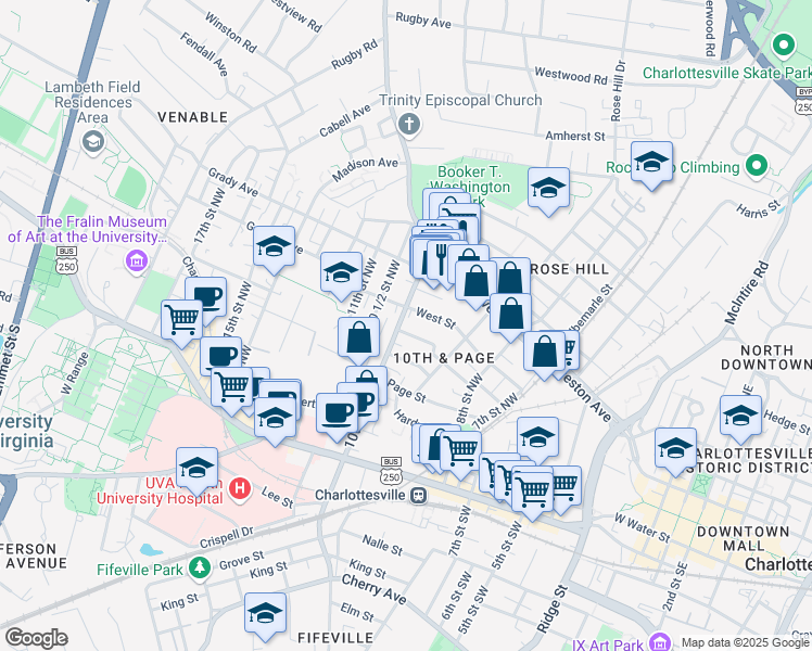 map of restaurants, bars, coffee shops, grocery stores, and more near 344 10th Street Northwest in Charlottesville