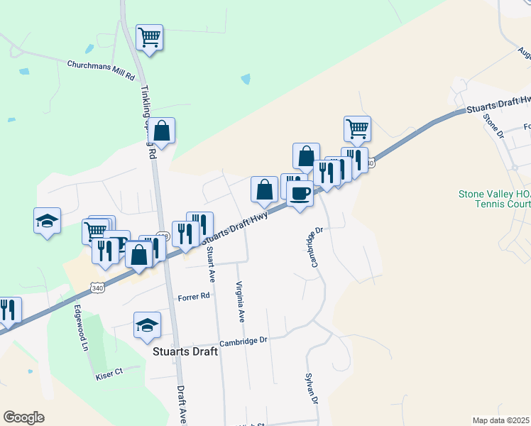 map of restaurants, bars, coffee shops, grocery stores, and more near 2814 Stuarts Draft Highway in Stuarts Draft