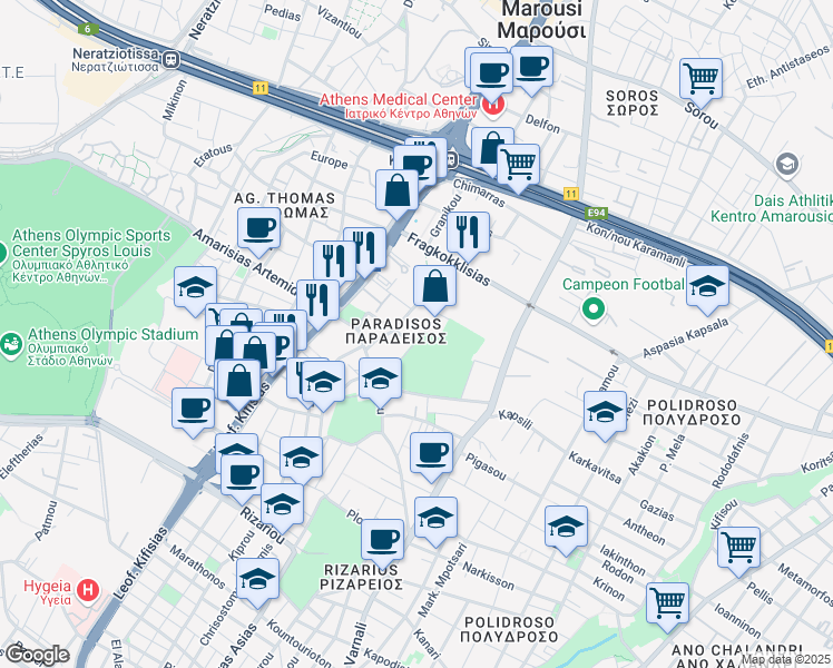 map of restaurants, bars, coffee shops, grocery stores, and more near in Marousi