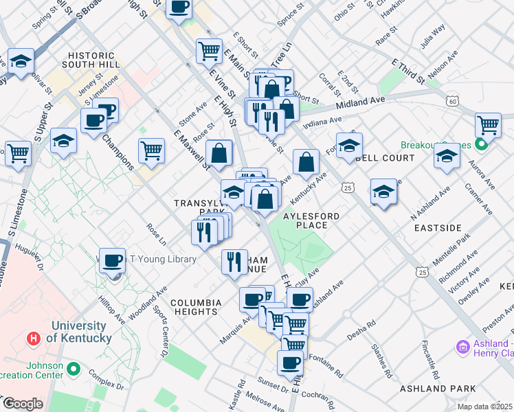 map of restaurants, bars, coffee shops, grocery stores, and more near East High Street in Lexington
