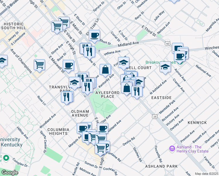 map of restaurants, bars, coffee shops, grocery stores, and more near 147 Old Park Avenue in Lexington