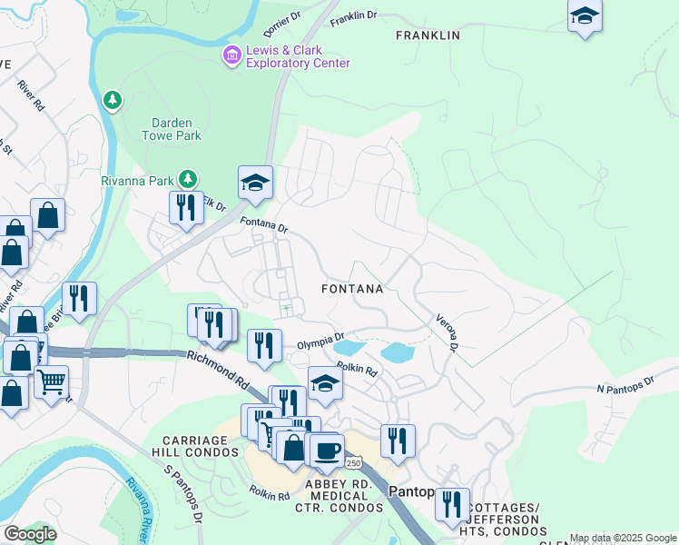 map of restaurants, bars, coffee shops, grocery stores, and more near 499 Fontana Dr in Charlottesville