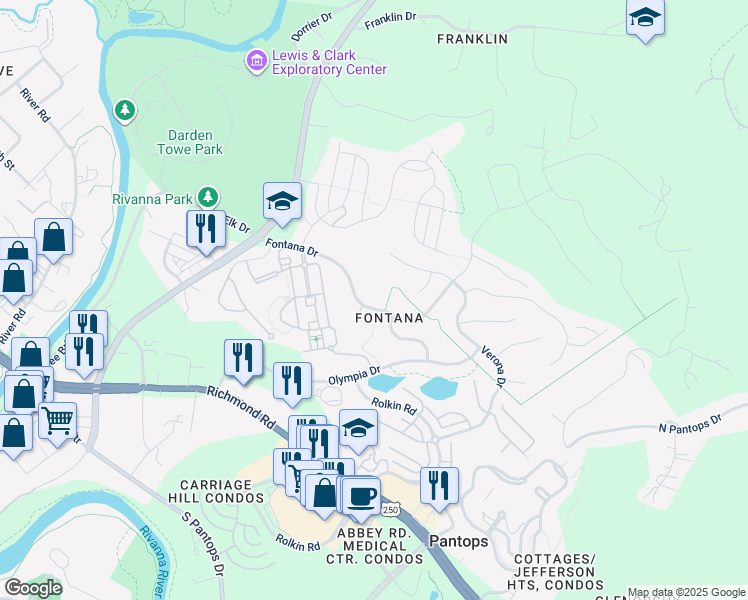 map of restaurants, bars, coffee shops, grocery stores, and more near 499 Fontana Dr in Charlottesville