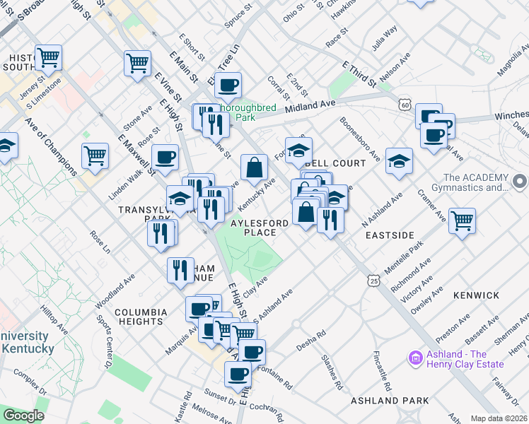 map of restaurants, bars, coffee shops, grocery stores, and more near 147 Old Park Avenue in Lexington
